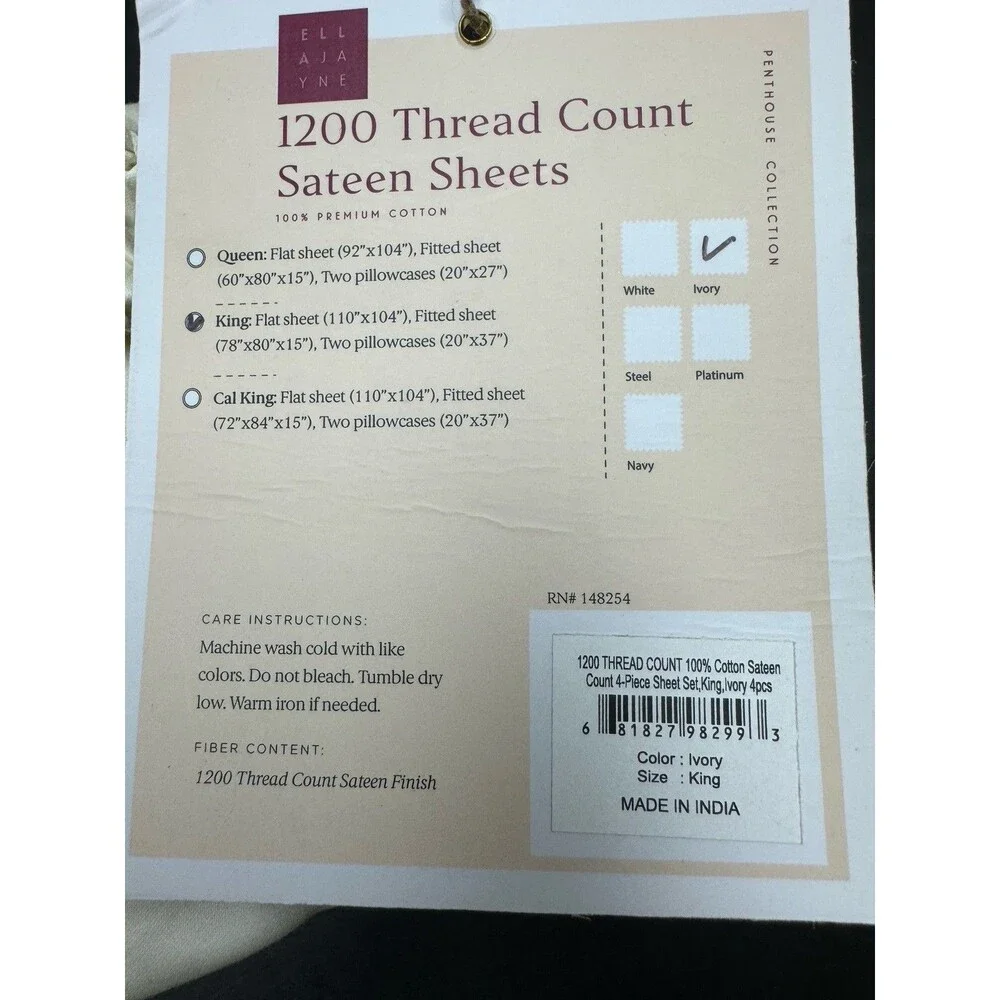 Ella Jayne 4PC King 1200 Thread Count 100% Cotton Sateen Ivory Sheet Set